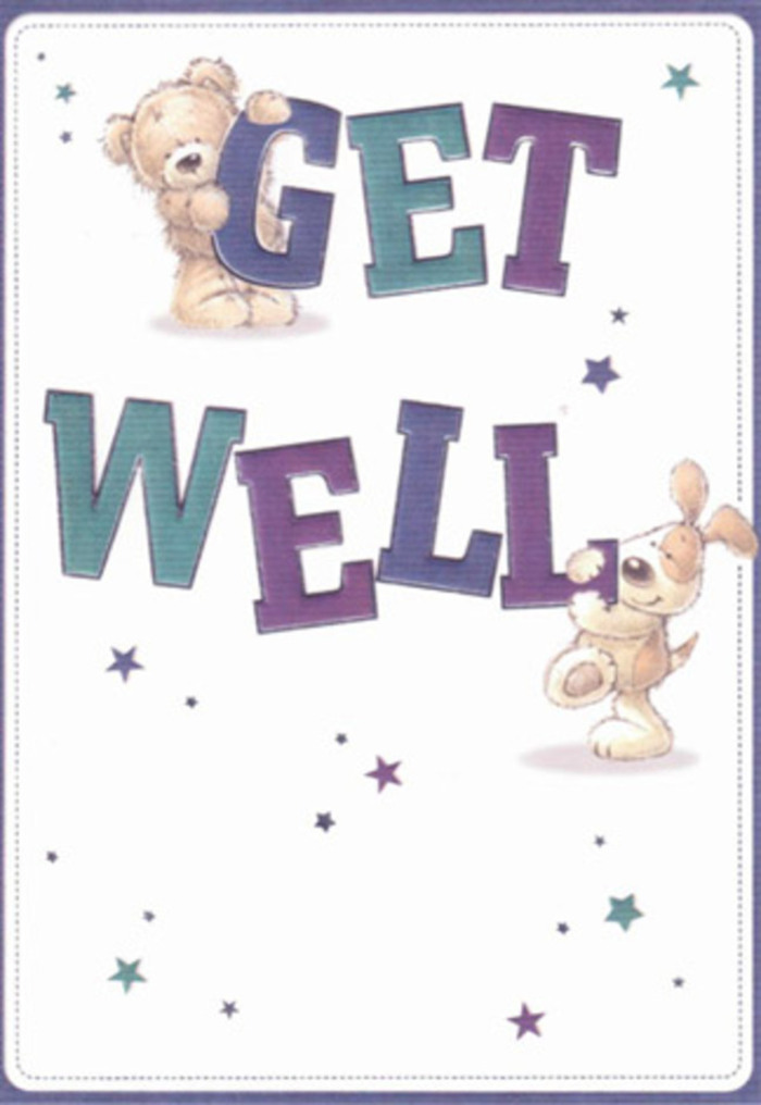 A sense of gentle optimism radiates from this thoughtfully designed get well card, reminiscent of cherished moments beside Yeading's leafy avenues and community gardens. At the heart of the scene, a golden-brown bear and a lively, floppy-eared puppy sit surrounded by a constellation of starbursts-each star a visual wish for speedy recovery and renewed spirits. The confident, oversized letters of 'GET WELL,' painted in sumptuous shades of violet and aqua, ground the whole composition in cheerful assurance. One can all but feel the bear's plush, friendly texture and the silky softness of the puppy's ears, represented with a caring attention to detail. These artistic flourishes mirror my approach as a Yeading florist, choosing every bloom and ribbon with the recipient's comfort in mind. The pure white space around them reflects not only cleanliness but a sense of possibility-casting a gentle light that soothes and uplifts just like a freshly delivered bouquet from Flowers Yeading brightens a home near Willow Tree Lane. Infused with emotion, the card's expressive faces convey hope and camaraderie. Altogether, this is a visual message of encouragement and empathy, an ideal partner for a heartfelt arrangement sent to someone on the mend in Yeading.